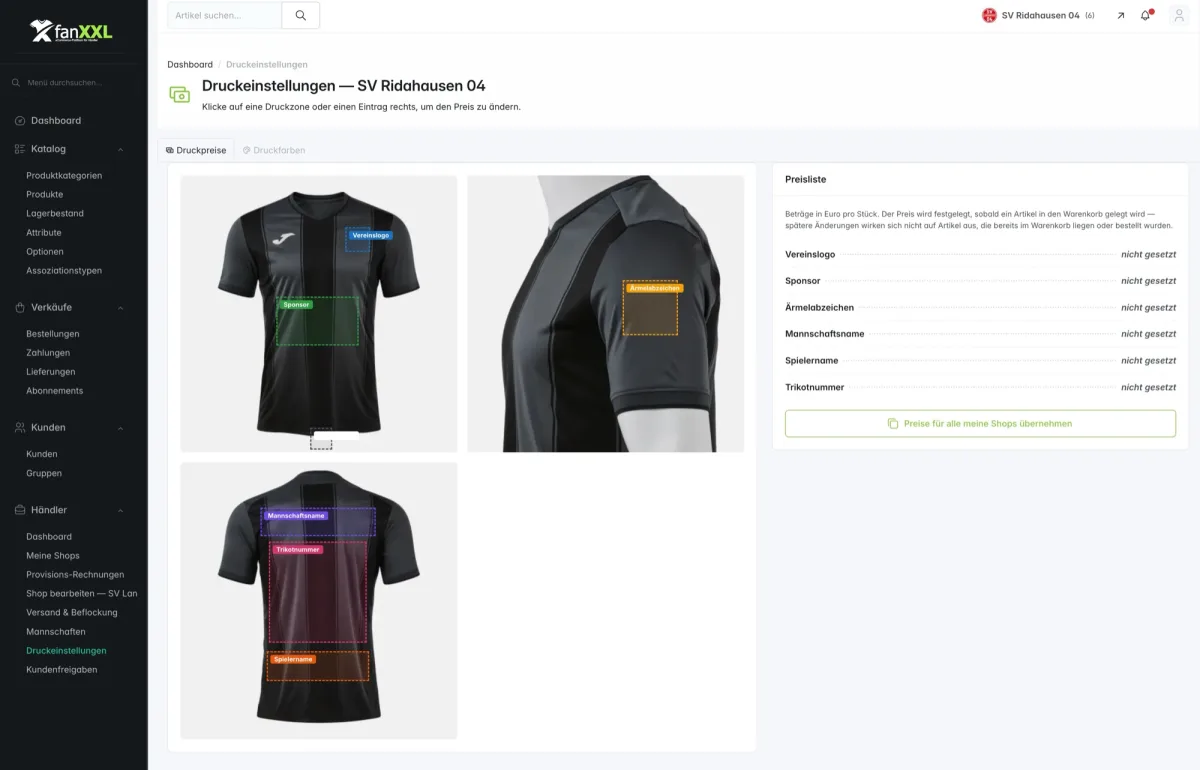 Druckeinstellungen im fanXXL-Backend: Druckzonen für Vereinslogo, Sponsor, Ärmelabzeichen, Namen und Nummern am Trikot — mit Preisliste pro Zone