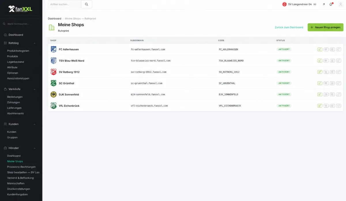 fanXXL Backend: Übersicht „Meine Shops" mit mehreren Vereinsshops und eigener Subdomain