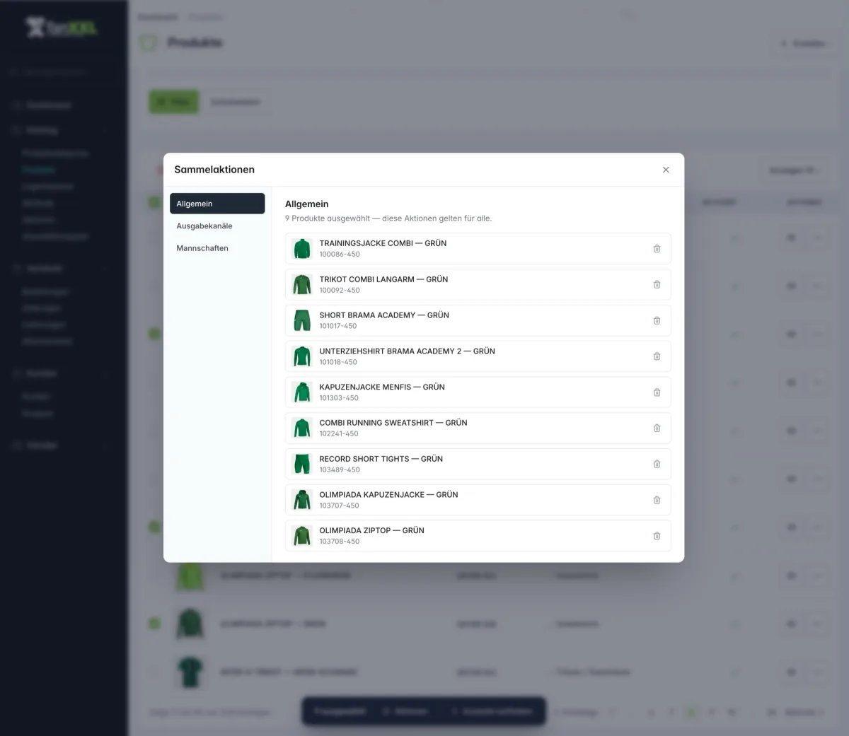 fanXXL Backend: Sammelaktion mit gebündelten Produkten für die Produktion