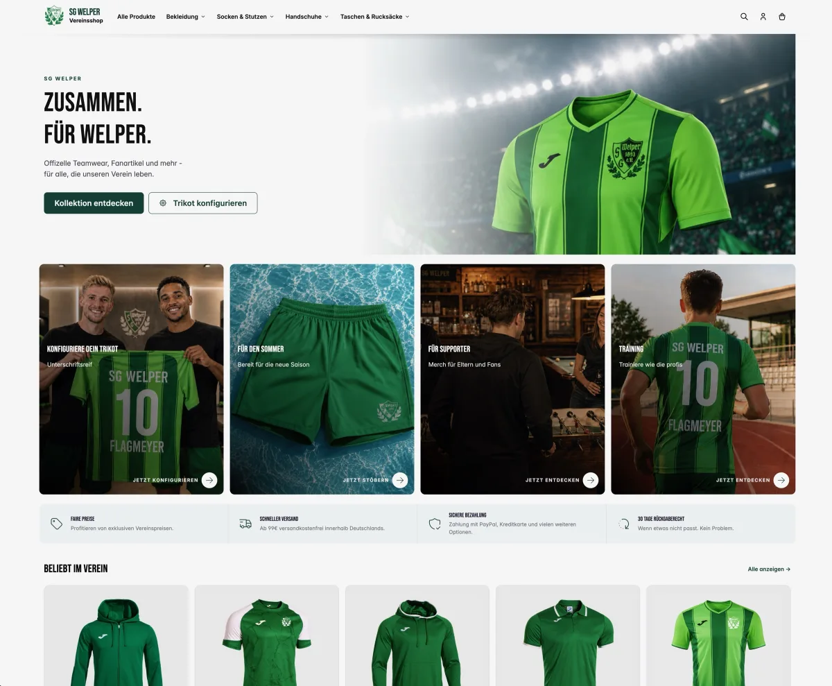 Live-Vereinsshop der SG Welper mit eigenem Logo, Vereinsfarben und Sortiment