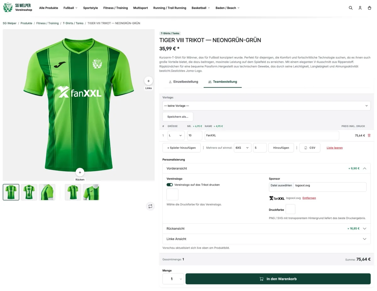 Teambestellung im Vereinsshop: Spieler-Slots mit Größe, Nummer, Name und Live-Vorschau am Trikot